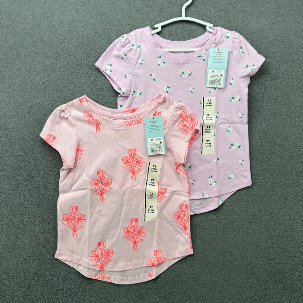Cat & Jack Toddler Girls 2T Floral Short Sleeve T-Shirt Bundle Purple Pink 2pk